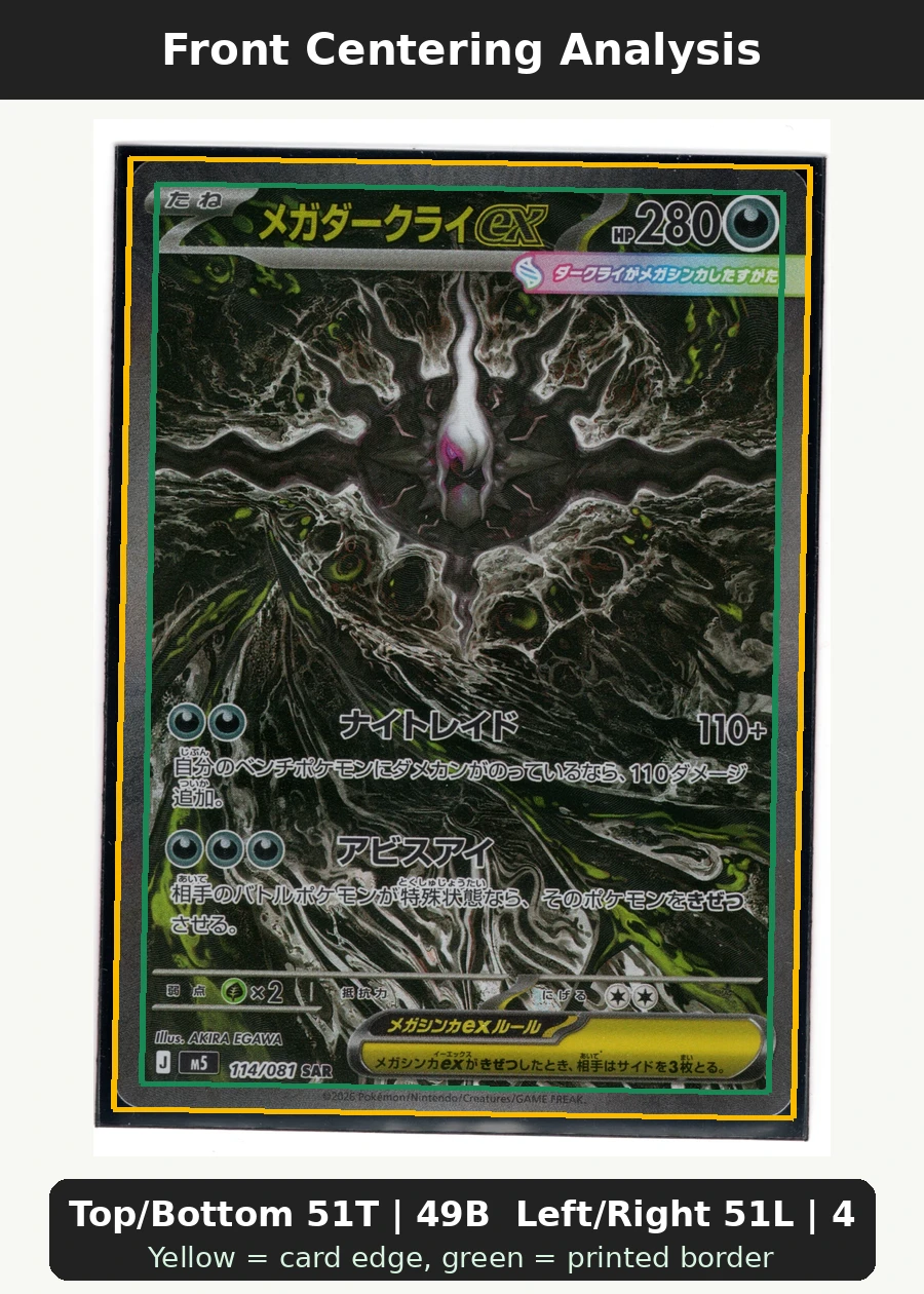 Mega Darkrai ex 114/81 Abyss Eye front centering analysis showing Top/Bottom 51T | 49B and Left/Right 51L | 49R.