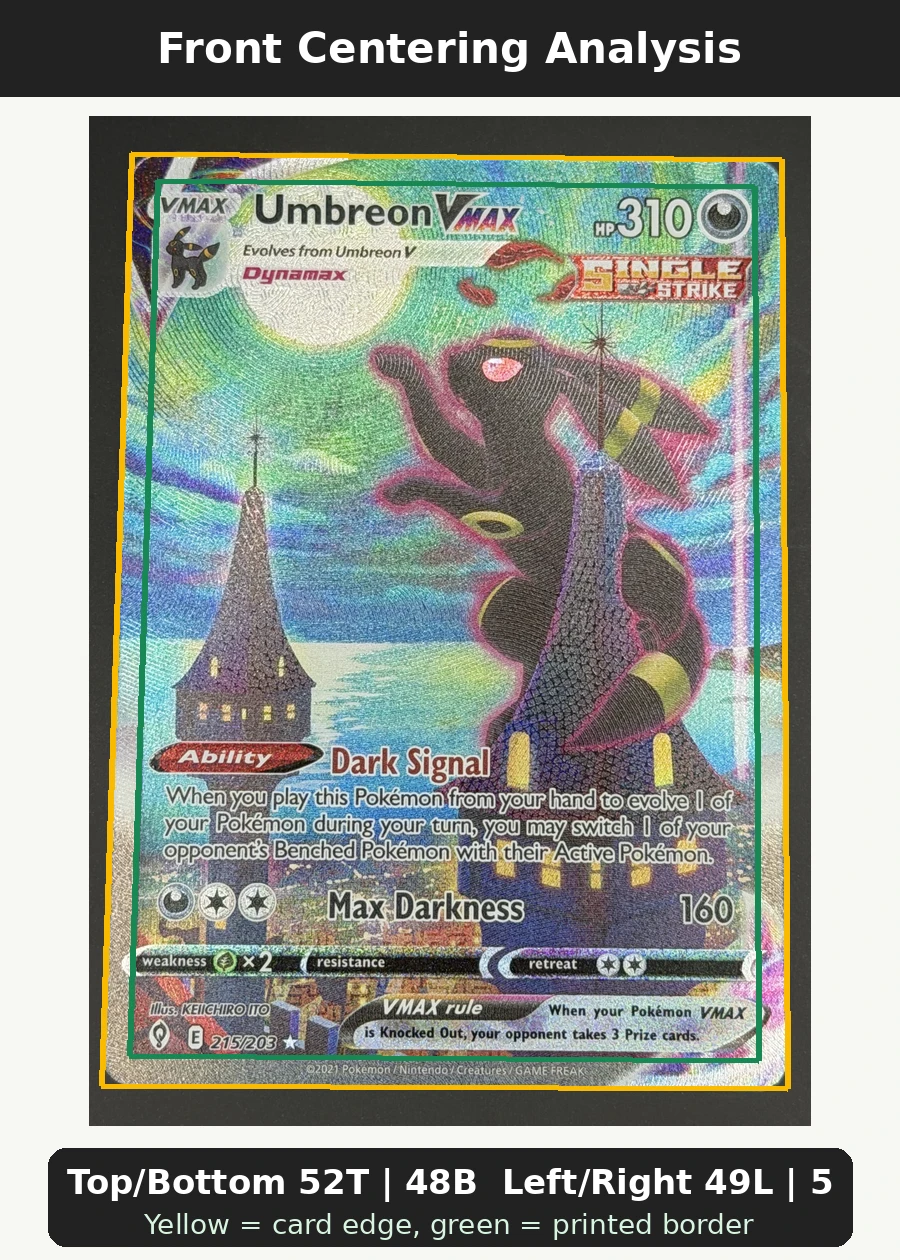Umbreon VMAX 215/203 Evolving Skies front centering analysis showing Top/Bottom 52T | 48B and Left/Right 49L | 51R.
