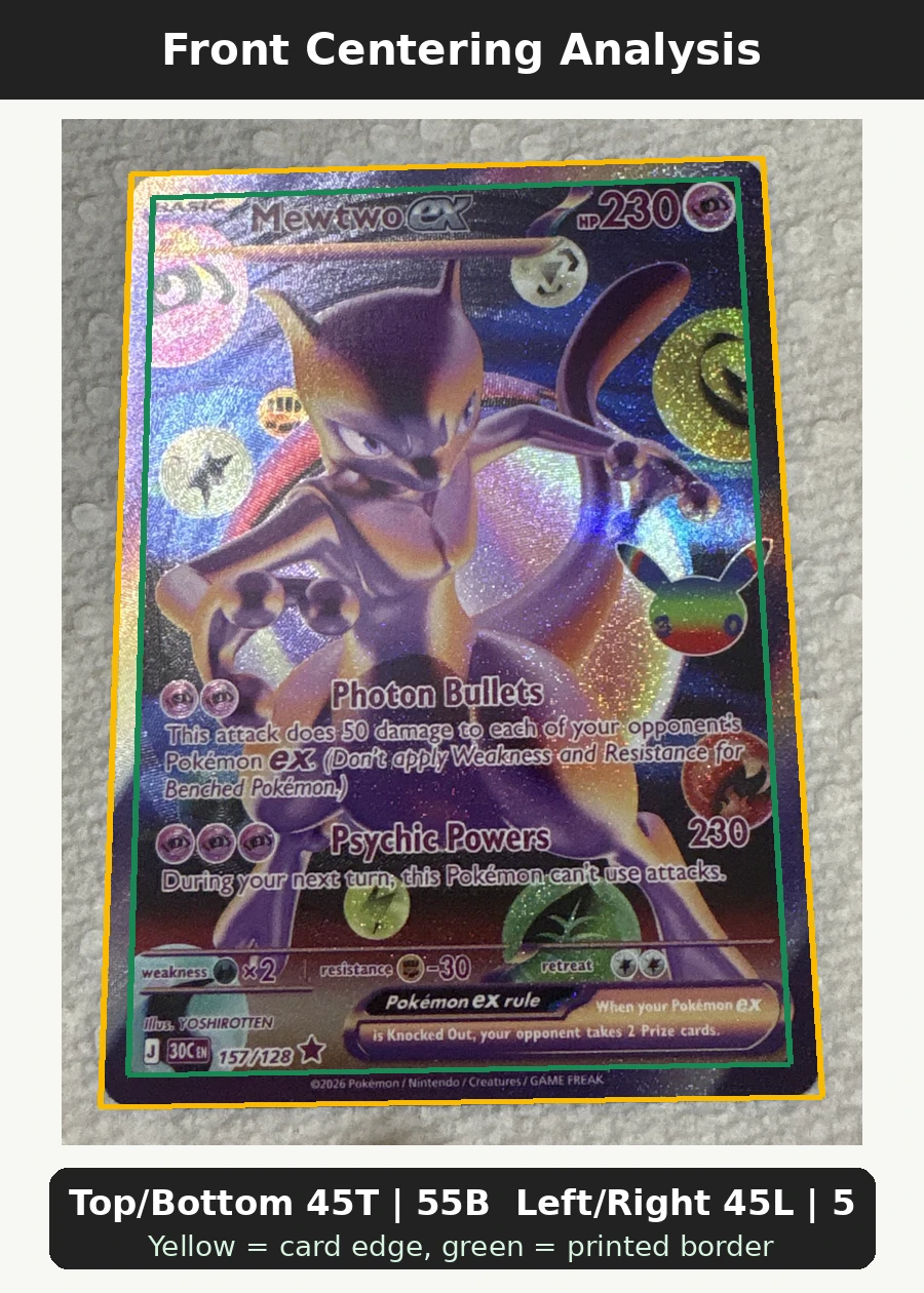 Mewtwo ex 157/128 30th Celebration front centering analysis showing Top/Bottom 45T | 55B and Left/Right 45L | 55R.