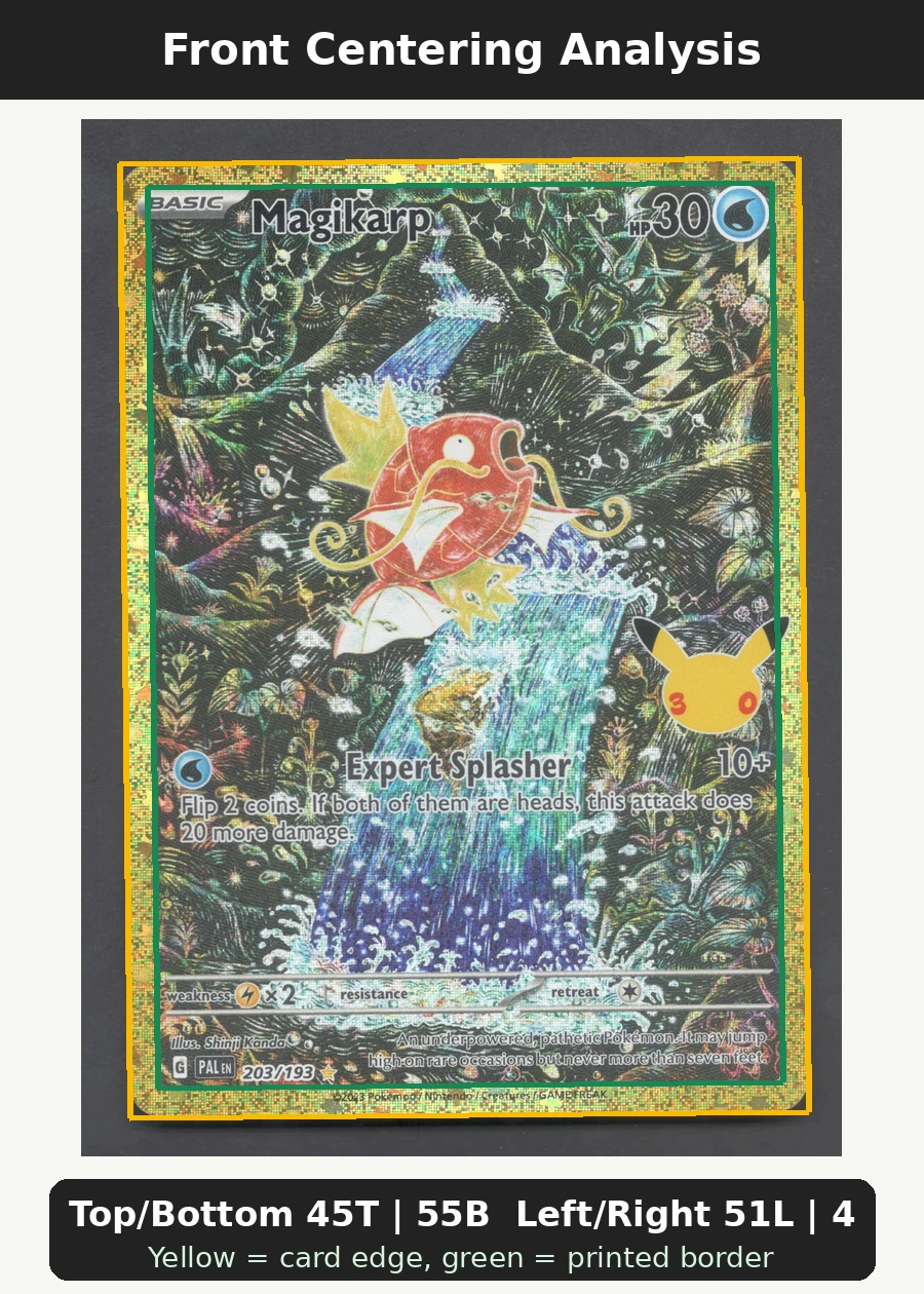 Magikarp 203 30th Classic Collection front centering analysis showing Top/Bottom 45T | 55B and Left/Right 51L | 49R.