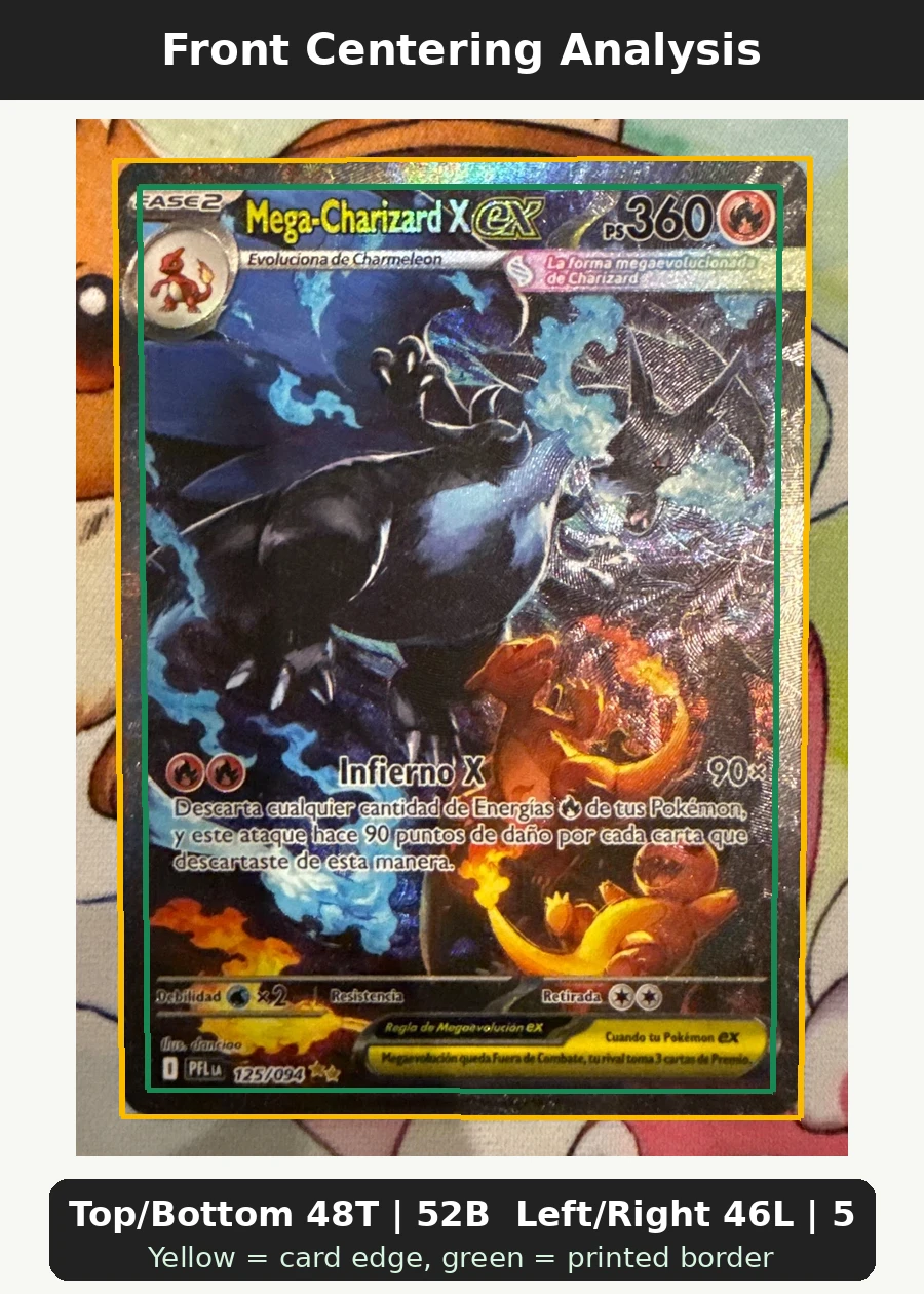 Mega Charizard X ex 125/94 Phantasmal Flames front centering analysis showing Top/Bottom 48T | 52B and Left/Right 46L | 54R.