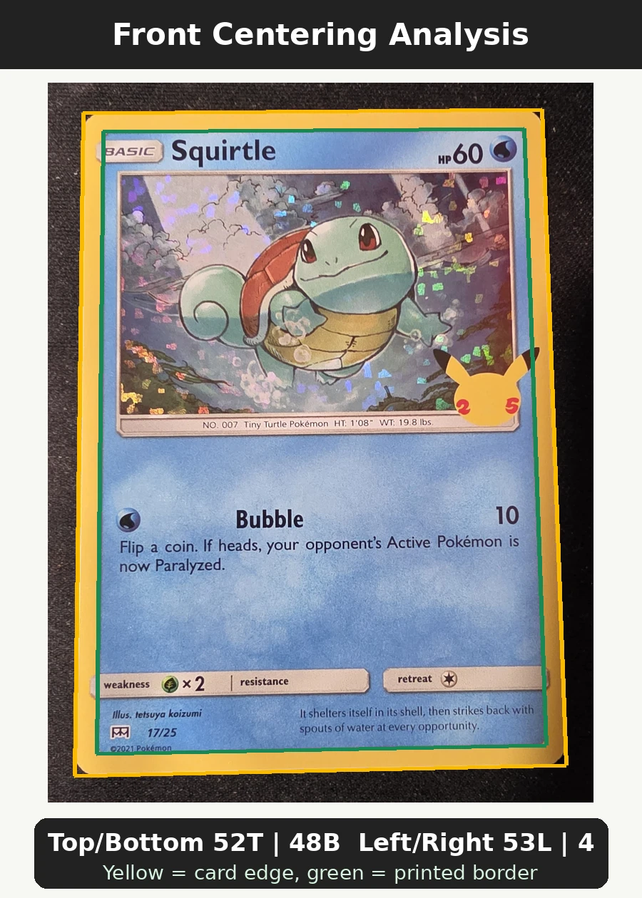 Squirtle 017/25 McDonald's Collection 2021 front centering analysis showing Top/Bottom 52T | 48B and Left/Right 53L | 47R.