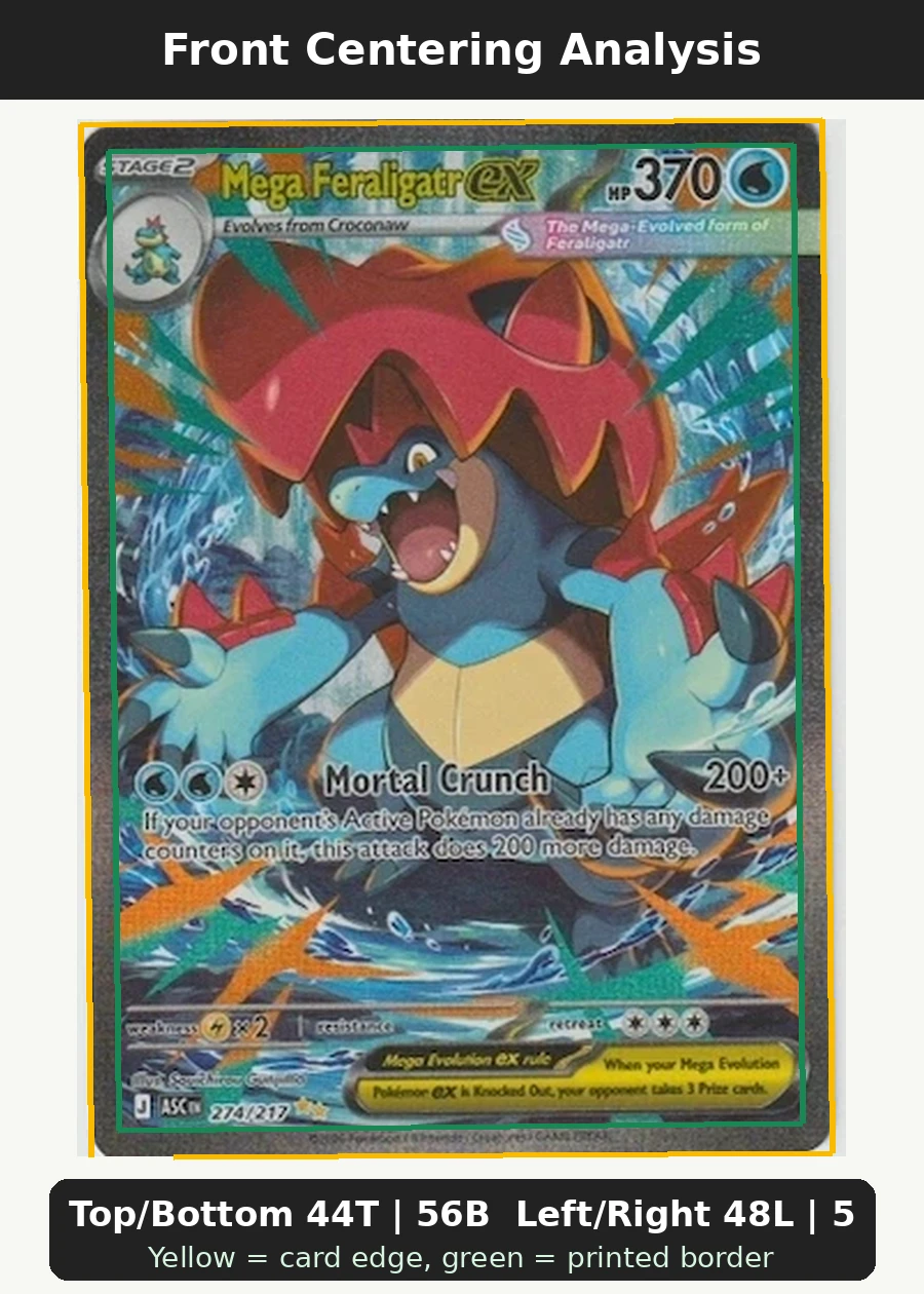 Mega Feraligatr ex 274/217 Ascended Heroes front centering analysis showing Top/Bottom 44T | 56B and Left/Right 48L | 52R.