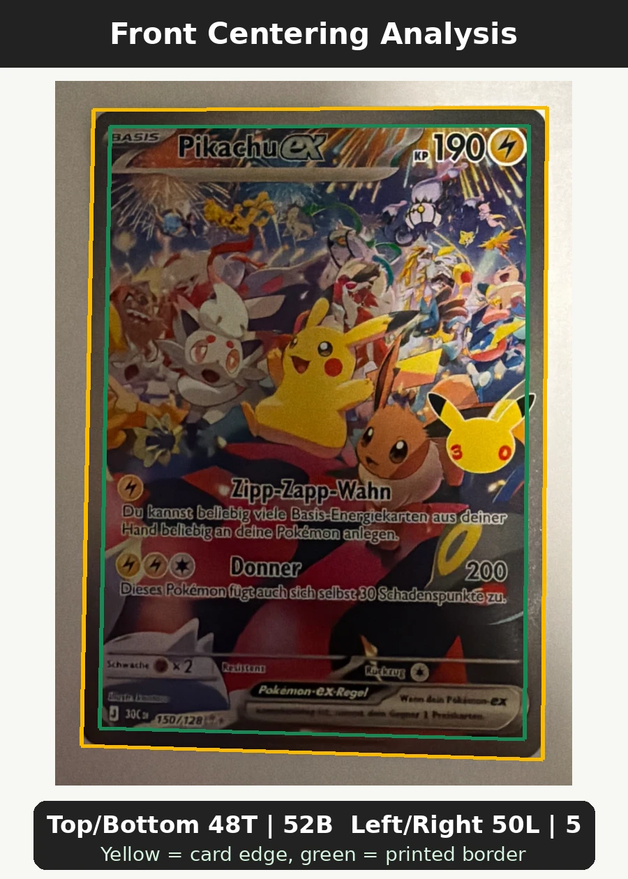 Pikachu ex 150/128 30th Celebration front centering analysis showing Top/Bottom 48T | 52B and Left/Right 50L | 50R.