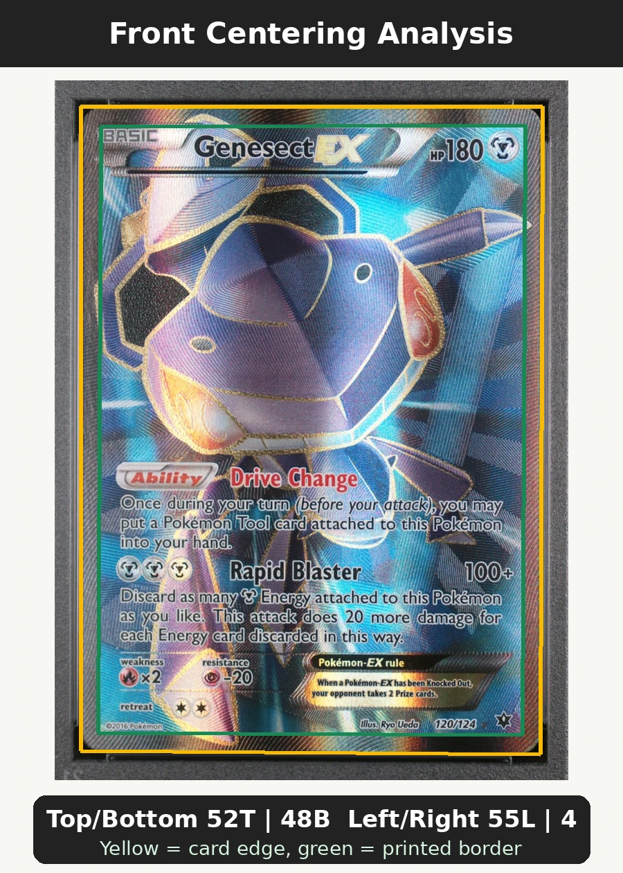 Genesect EX 120/124 Fates Collide front centering analysis showing Top/Bottom 52T | 48B and Left/Right 55L | 45R.