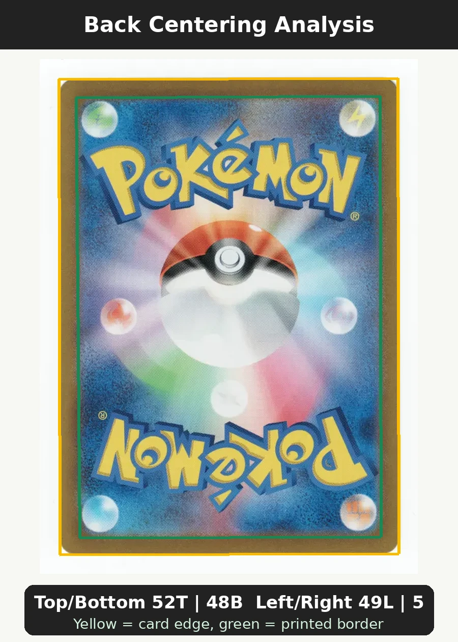 Umbreon ex 161/131 Prismatic Evolutions back centering analysis showing Top/Bottom 52T | 48B and Left/Right 49L | 51R.