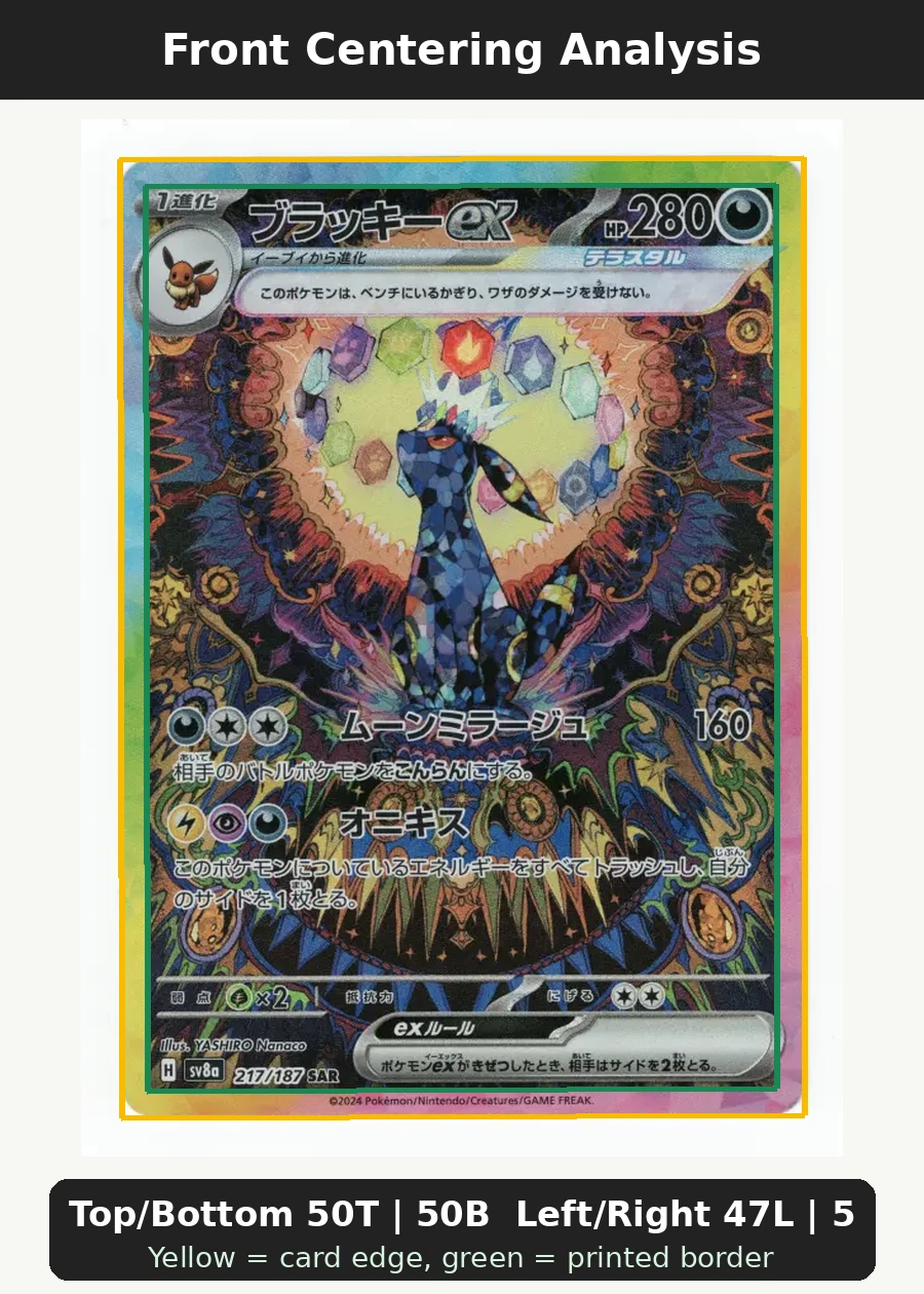 Umbreon ex 161/131 Prismatic Evolutions front centering analysis showing Top/Bottom 50T | 50B and Left/Right 47L | 53R.