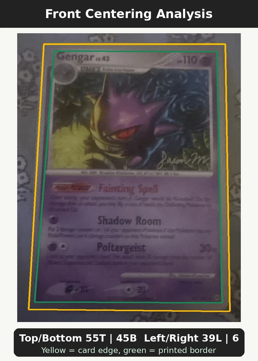Gengar 018/100 Stormfront front centering analysis showing Top/Bottom 55T | 45B and Left/Right 39L | 61R.