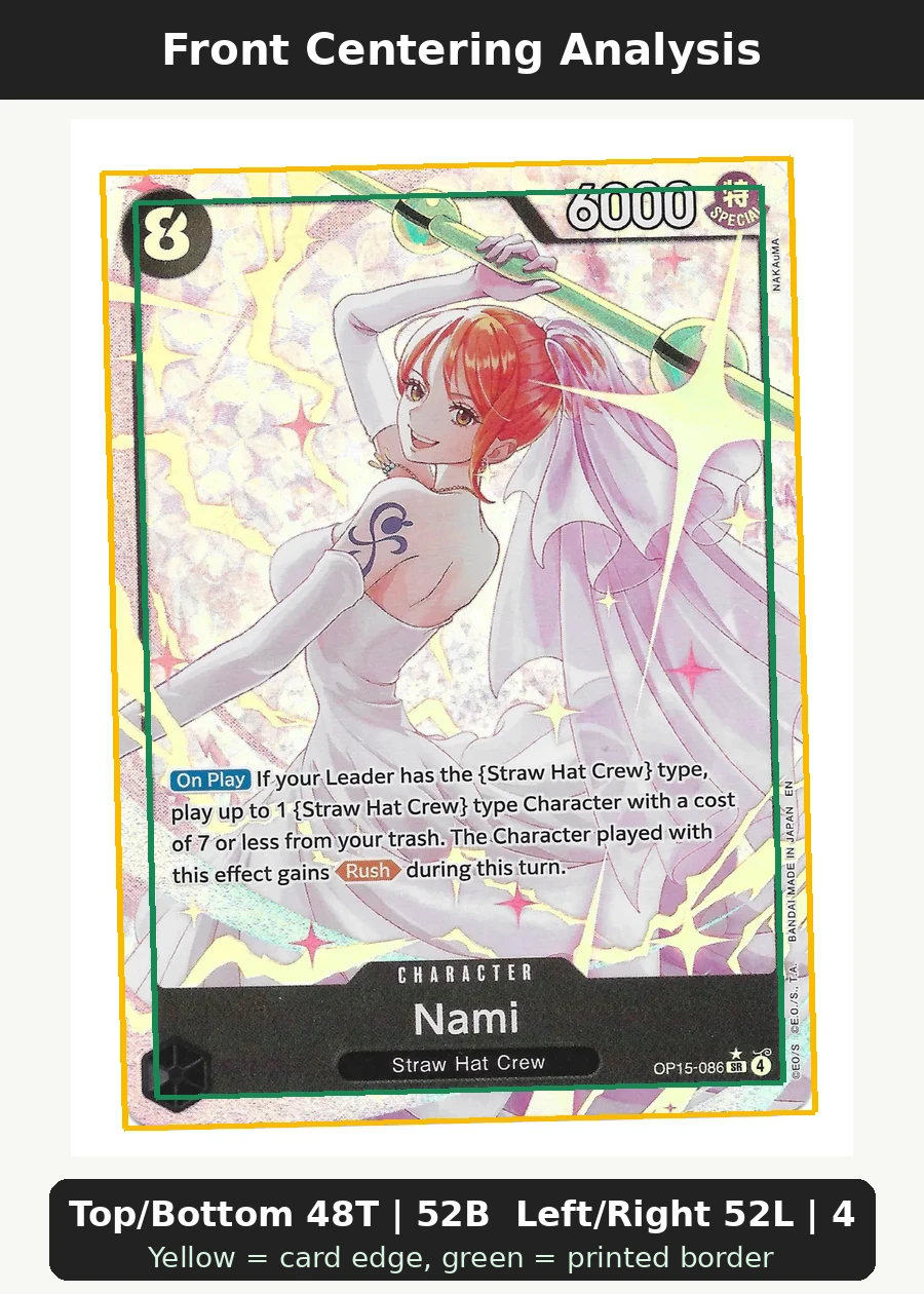 Nami (OP15-086) OP15-086 Adventure on Kami's Island front centering analysis showing Top/Bottom 48T | 52B and Left/Right 52L | 48R.