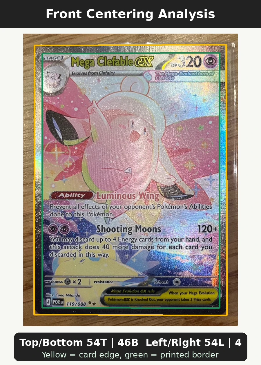 Mega Clefable ex 119/88 Perfect Order front centering analysis showing Top/Bottom 54T | 46B and Left/Right 54L | 46R.