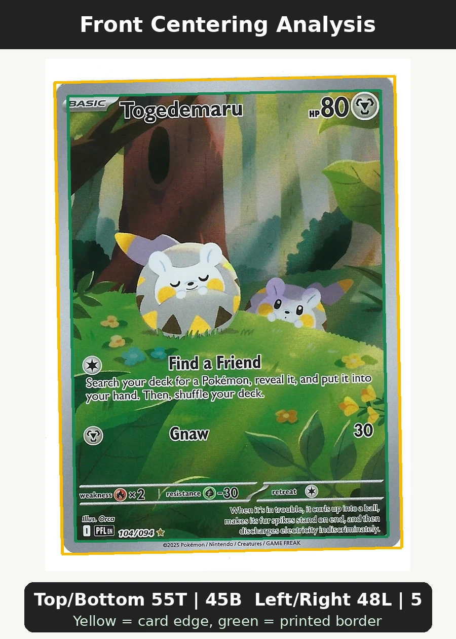 Togedemaru 104/94 Phantasmal Flames front centering analysis showing Top/Bottom 55T | 45B and Left/Right 48L | 52R.