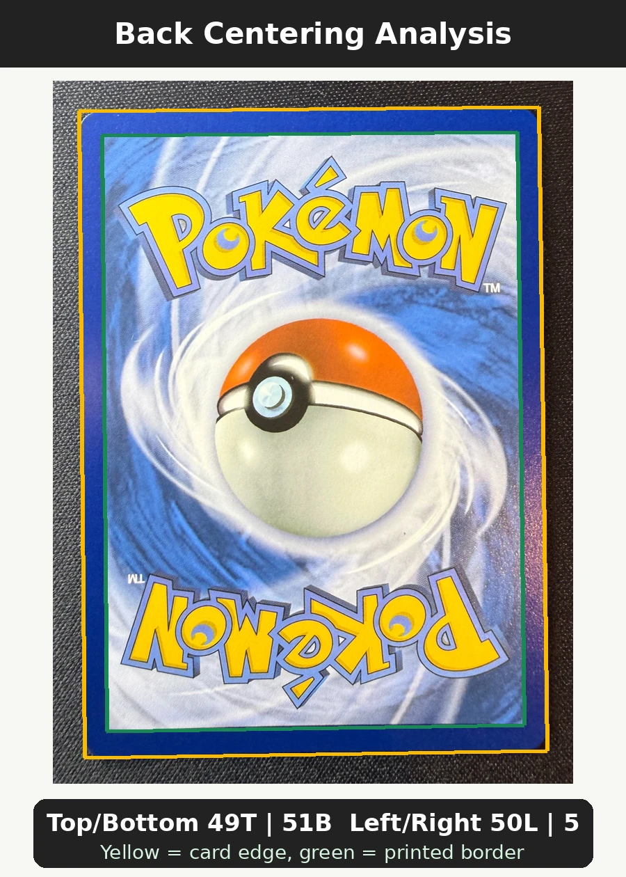 Bulbasaur 037 MEP Black Star Promos back centering analysis showing Top/Bottom 49T | 51B and Left/Right 50L | 50R.
