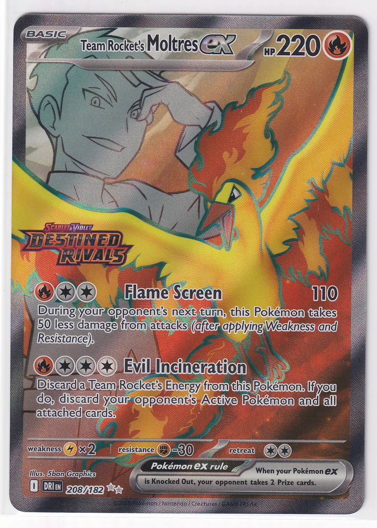 Team Rocket's Moltres ex 208/182 Destined Rivals front card photo in GradeValue pregrading report