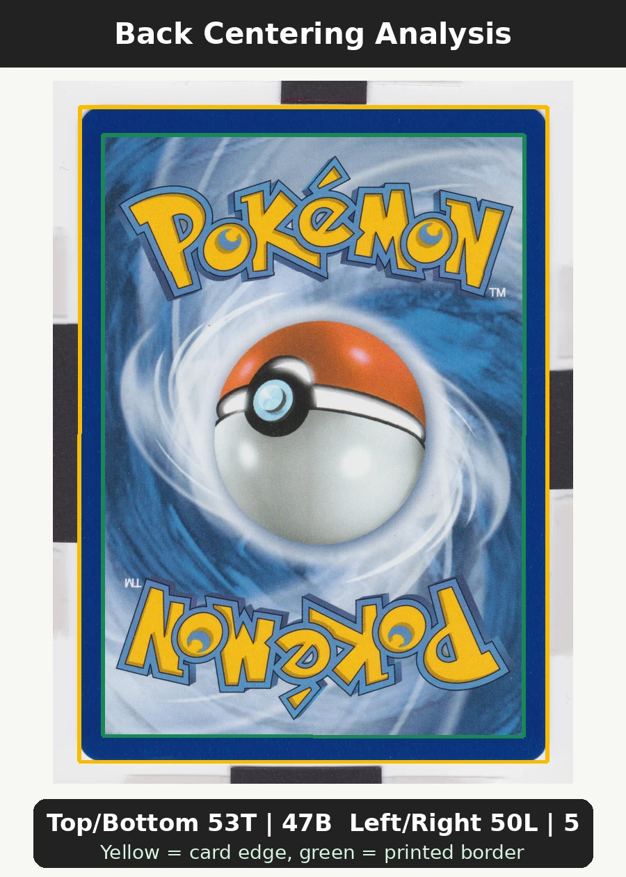 Charizard 004 30th Classic Collection back centering analysis showing Top/Bottom 53T | 47B and Left/Right 50L | 50R.