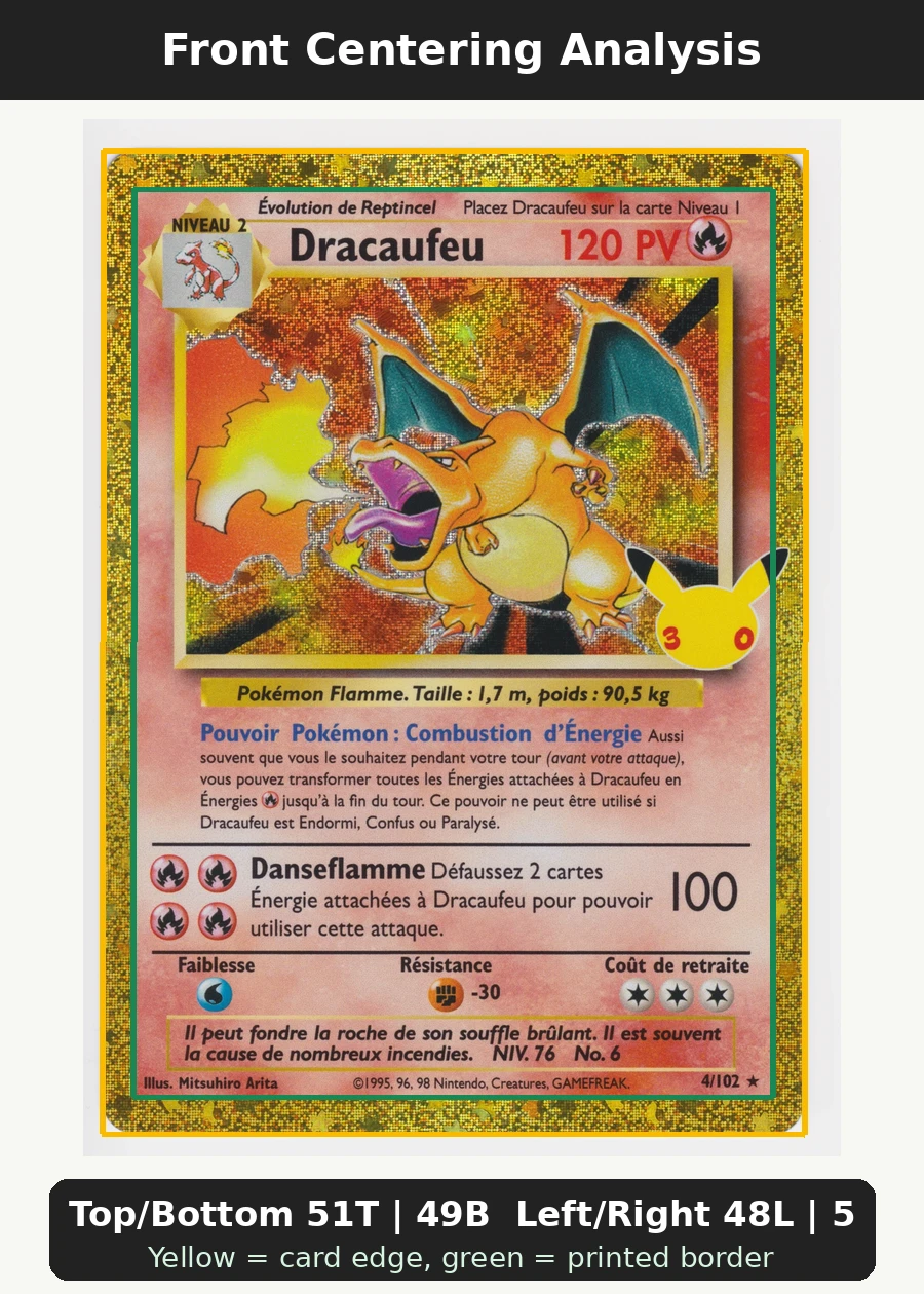 Charizard 004 30th Classic Collection front centering analysis showing Top/Bottom 51T | 49B and Left/Right 48L | 52R.