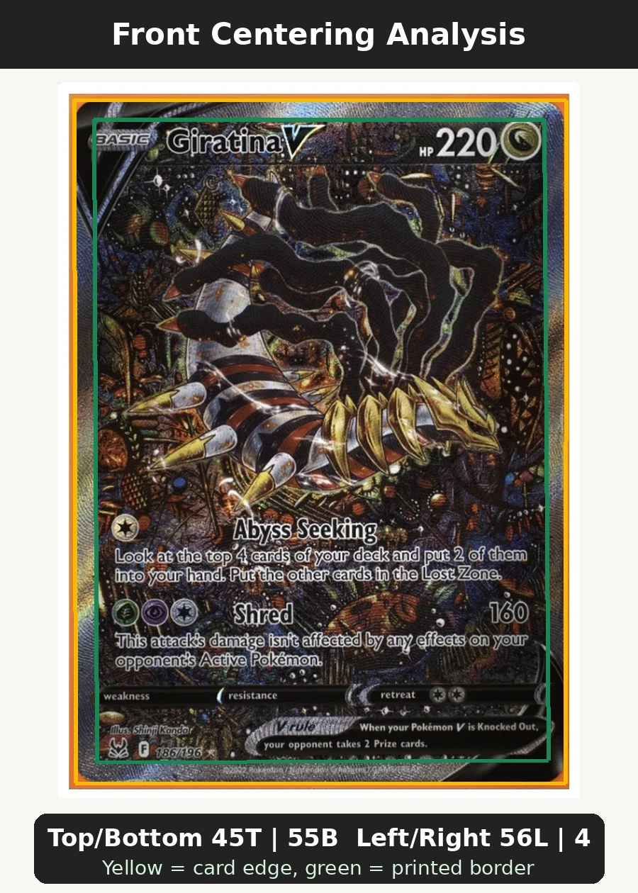 Giratina V 186/196 Lost Origin front centering analysis showing Top/Bottom 45T | 55B and Left/Right 56L | 44R.