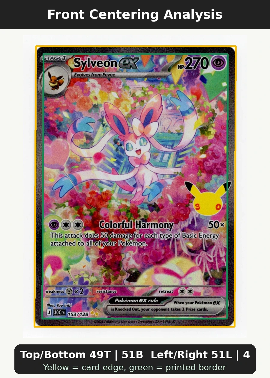 Sylveon ex 153/128 30th Celebration front centering analysis showing Top/Bottom 49T | 51B and Left/Right 51L | 49R.