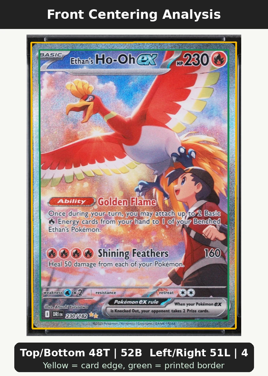 Ethan's Ho-Oh ex 230/182 Destined Rivals front centering analysis showing Top/Bottom 48T | 52B and Left/Right 51L | 49R.
