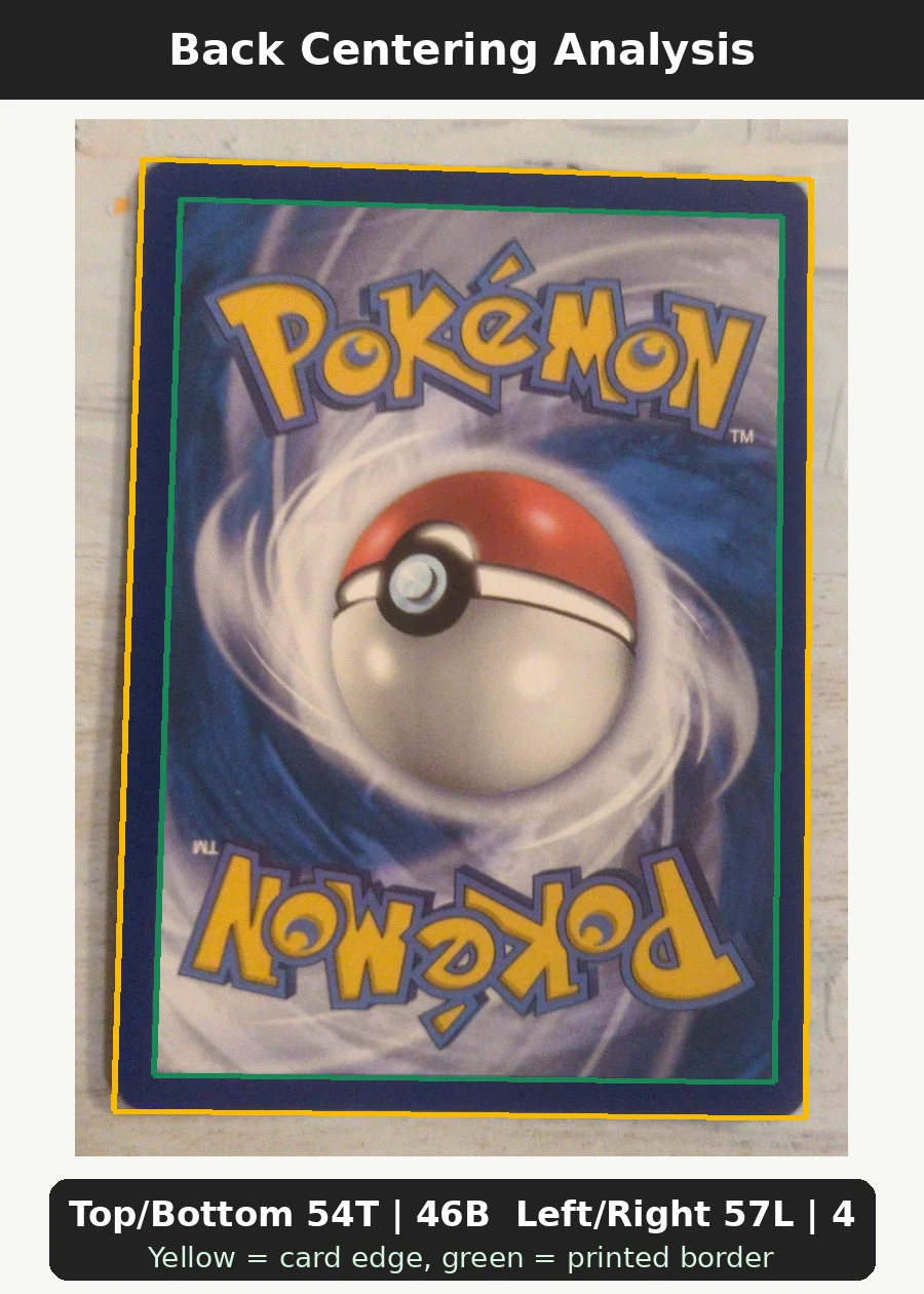 Pikachu V SWSH198/307 SWSH Black Star Promos back centering analysis showing Top/Bottom 54T | 46B and Left/Right 57L | 43R.