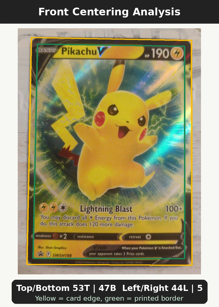 Pikachu V SWSH198/307 SWSH Black Star Promos front centering analysis showing Top/Bottom 53T | 47B and Left/Right 44L | 56R.