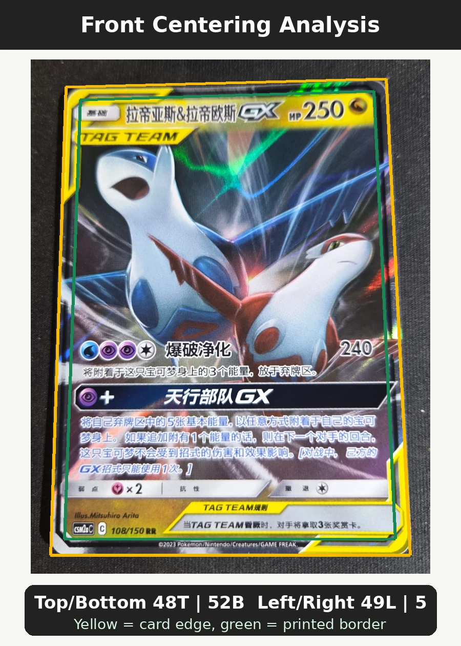 Latias & Latios GX 060/95 Tag Bolt front centering analysis showing Top/Bottom 48T | 52B and Left/Right 49L | 51R.
