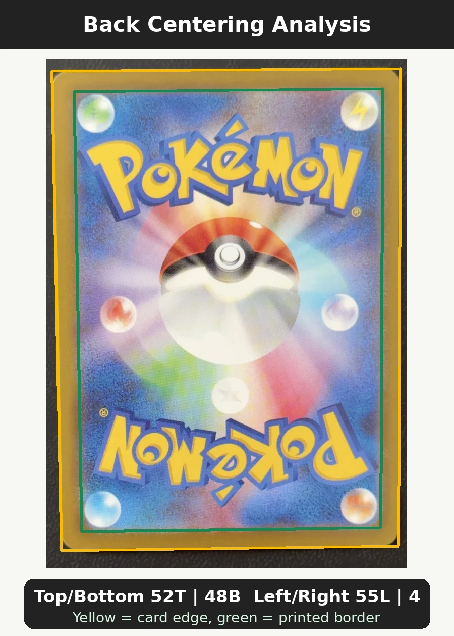 Pikachu ex 234/193 MEGA Dream ex back centering analysis showing Top/Bottom 52T | 48B and Left/Right 55L | 45R.