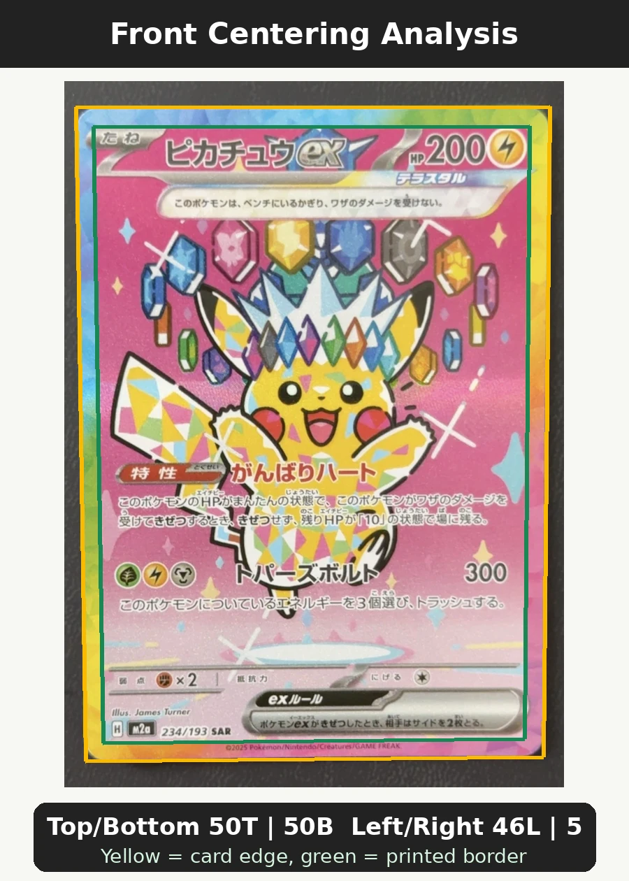 Pikachu ex 234/193 MEGA Dream ex front centering analysis showing Top/Bottom 50T | 50B and Left/Right 46L | 54R.