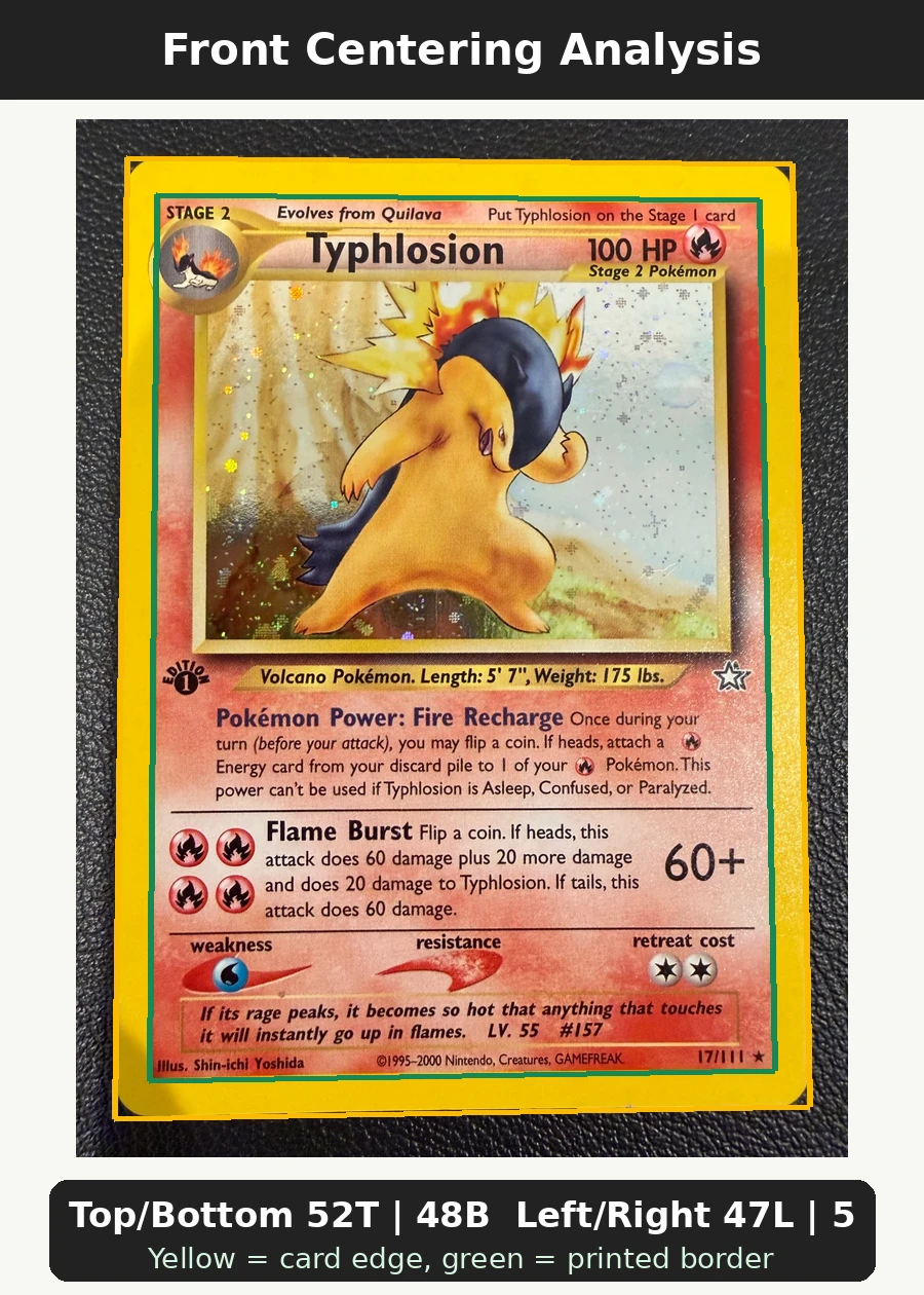 Typhlosion 017/111 Neo Genesis front centering analysis showing Top/Bottom 52T | 48B and Left/Right 47L | 53R.