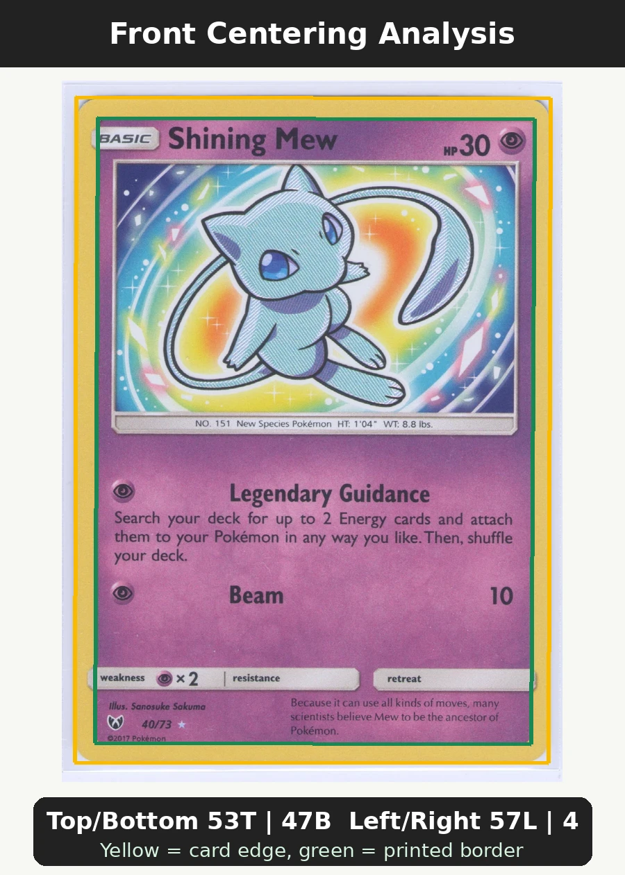 Shining Mew 040/73 Shining Legends front centering analysis showing Top/Bottom 53T | 47B and Left/Right 57L | 43R.