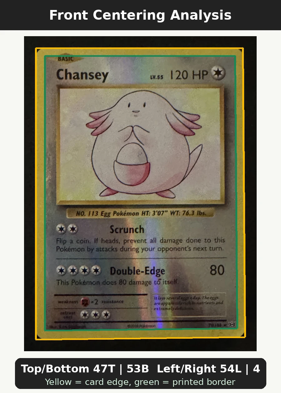 Chansey 070/108 Evolutions front centering analysis showing Top/Bottom 47T | 53B and Left/Right 54L | 46R.