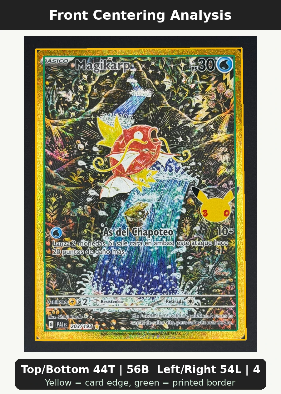 Magikarp 203 30th Classic Collection front centering analysis showing Top/Bottom 44T | 56B and Left/Right 54L | 46R.