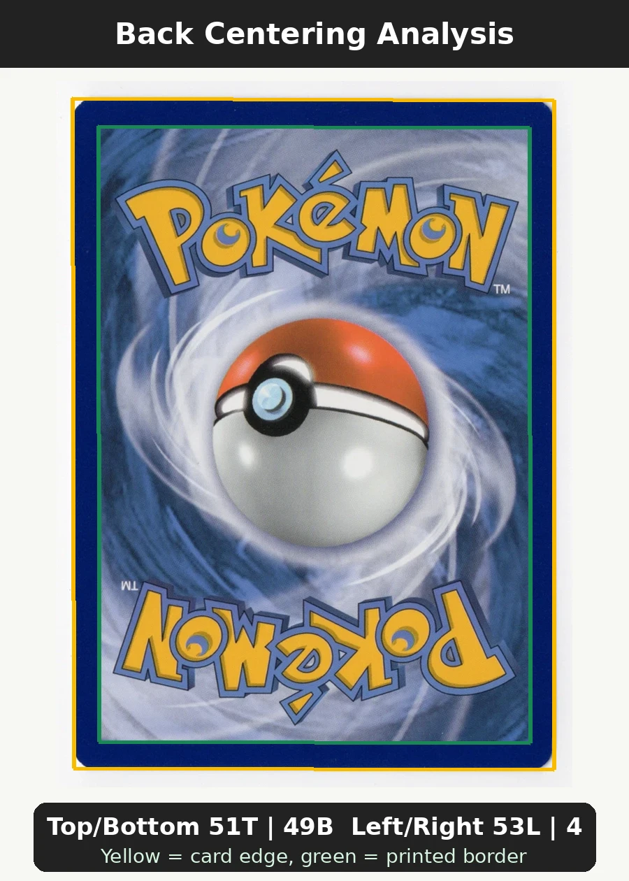 Charizard V SWSH260/307 SWSH Black Star Promos back centering analysis showing Top/Bottom 51T | 49B and Left/Right 53L | 47R.