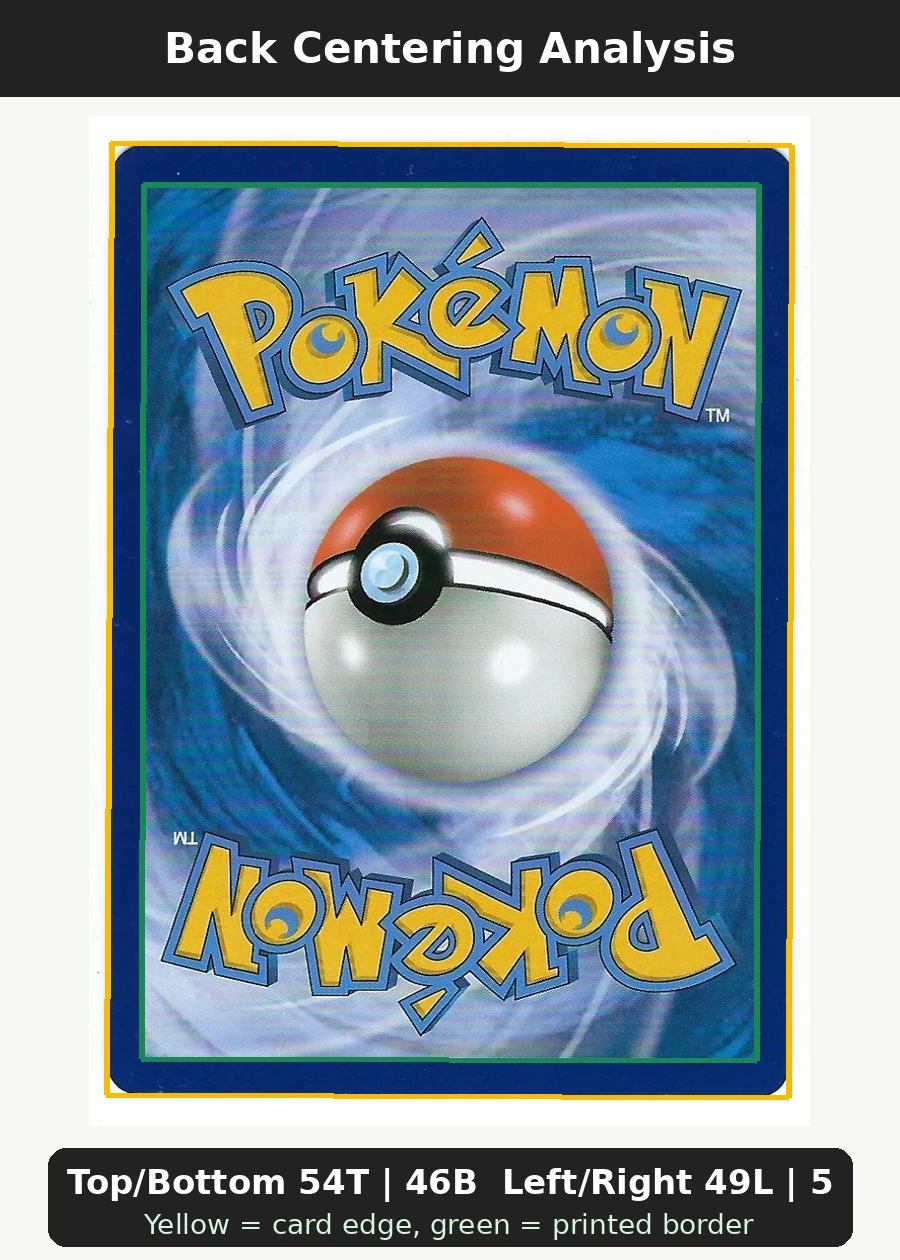 Pikachu & Zekrom GX SM168/248 SM Black Star Promos back centering analysis showing Top/Bottom 54T | 46B and Left/Right 49L | 51R.