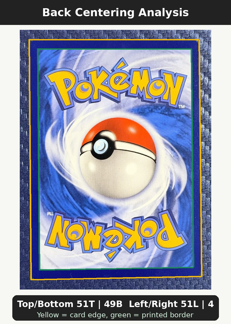 Shining Jirachi 043/72 Shining Legends back centering analysis showing Top/Bottom 51T | 49B and Left/Right 51L | 49R.