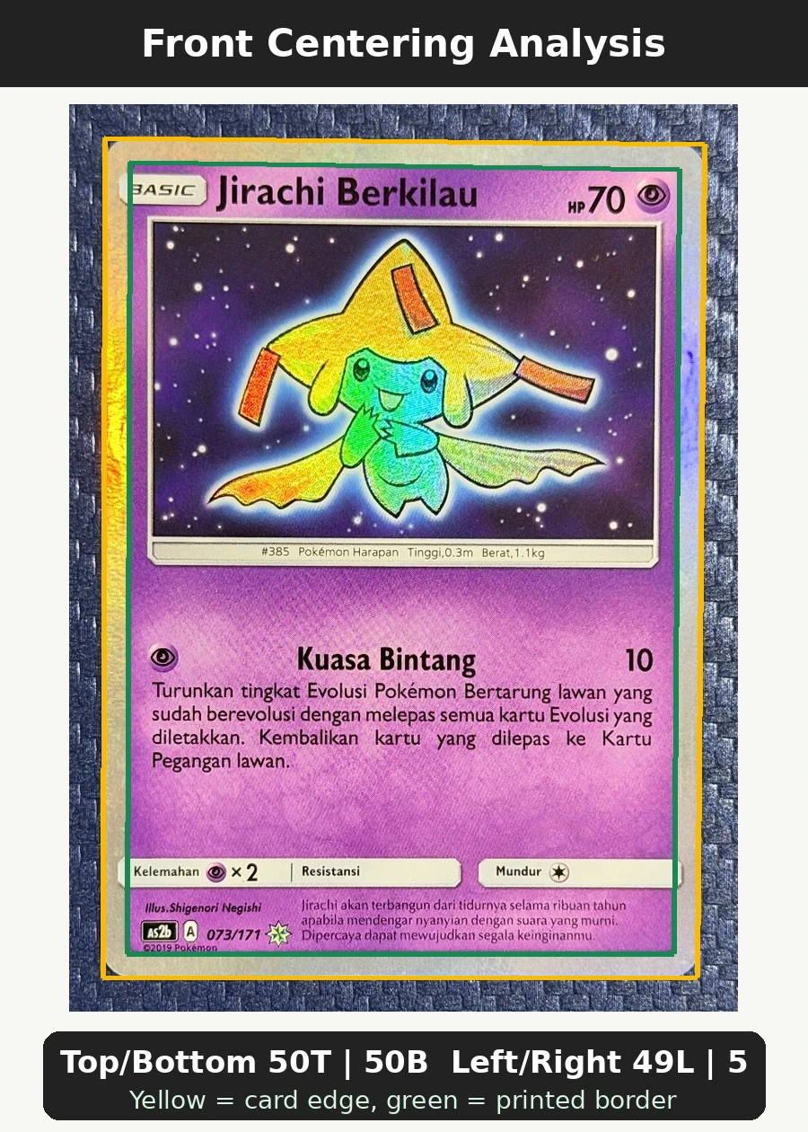Shining Jirachi 043/72 Shining Legends front centering analysis showing Top/Bottom 50T | 50B and Left/Right 49L | 51R.