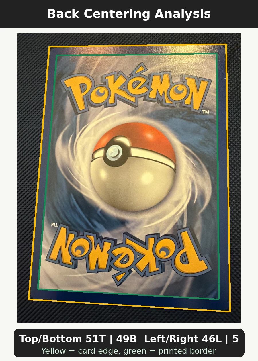 Meowth 102/101 Noble Victories back centering analysis showing Top/Bottom 51T | 49B and Left/Right 46L | 54R.