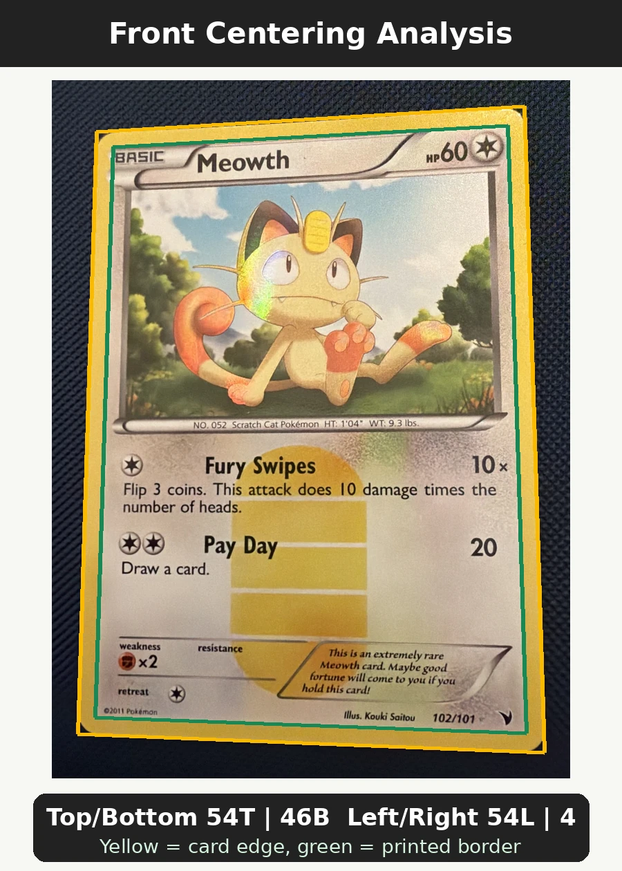 Meowth 102/101 Noble Victories front centering analysis showing Top/Bottom 54T | 46B and Left/Right 54L | 46R.