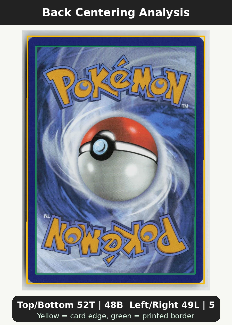 Misty's Psyduck 045/182 · Reverse Holo Destined Rivals back centering analysis showing Top/Bottom 52T | 48B and Left/Right 49L | 51R.