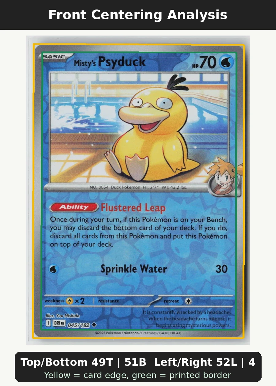 Misty's Psyduck 045/182 · Reverse Holo Destined Rivals front centering analysis showing Top/Bottom 49T | 51B and Left/Right 52L | 48R.