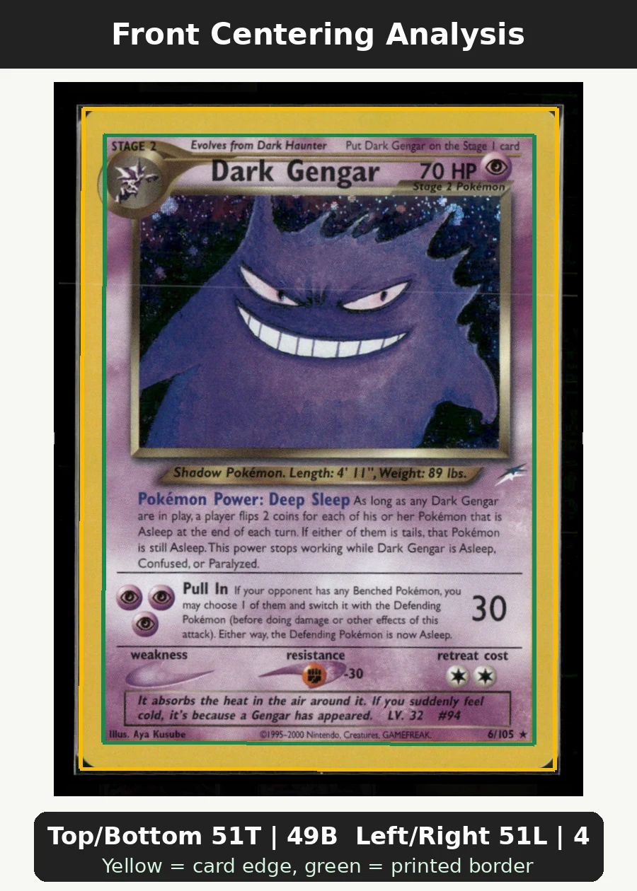Dark Gengar 006/105 Neo Destiny front centering analysis showing Top/Bottom 51T | 49B and Left/Right 51L | 49R.