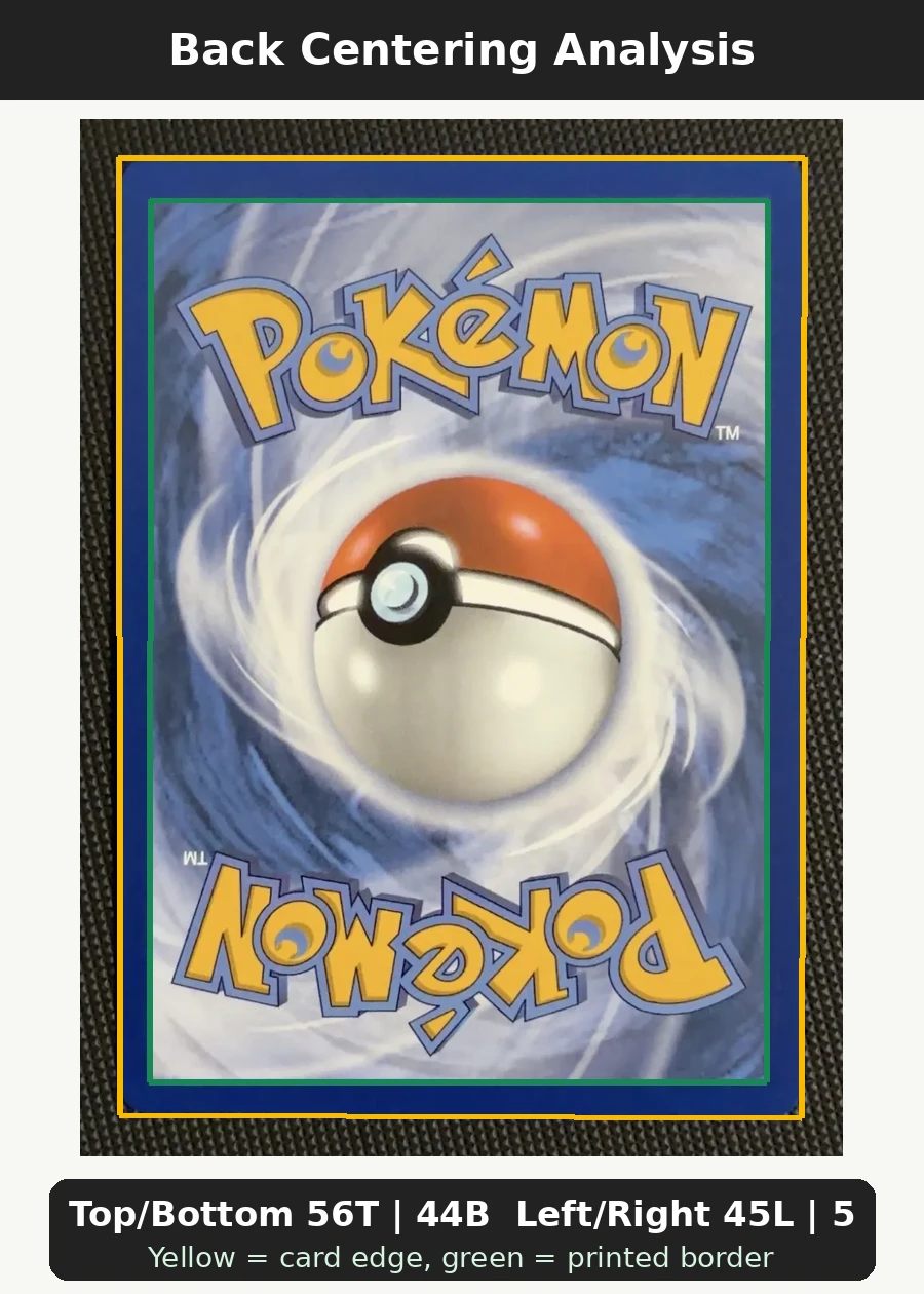 Mega Gardevoir EX 187/132 Mega Evolution back centering analysis showing Top/Bottom 56T | 44B and Left/Right 45L | 55R.