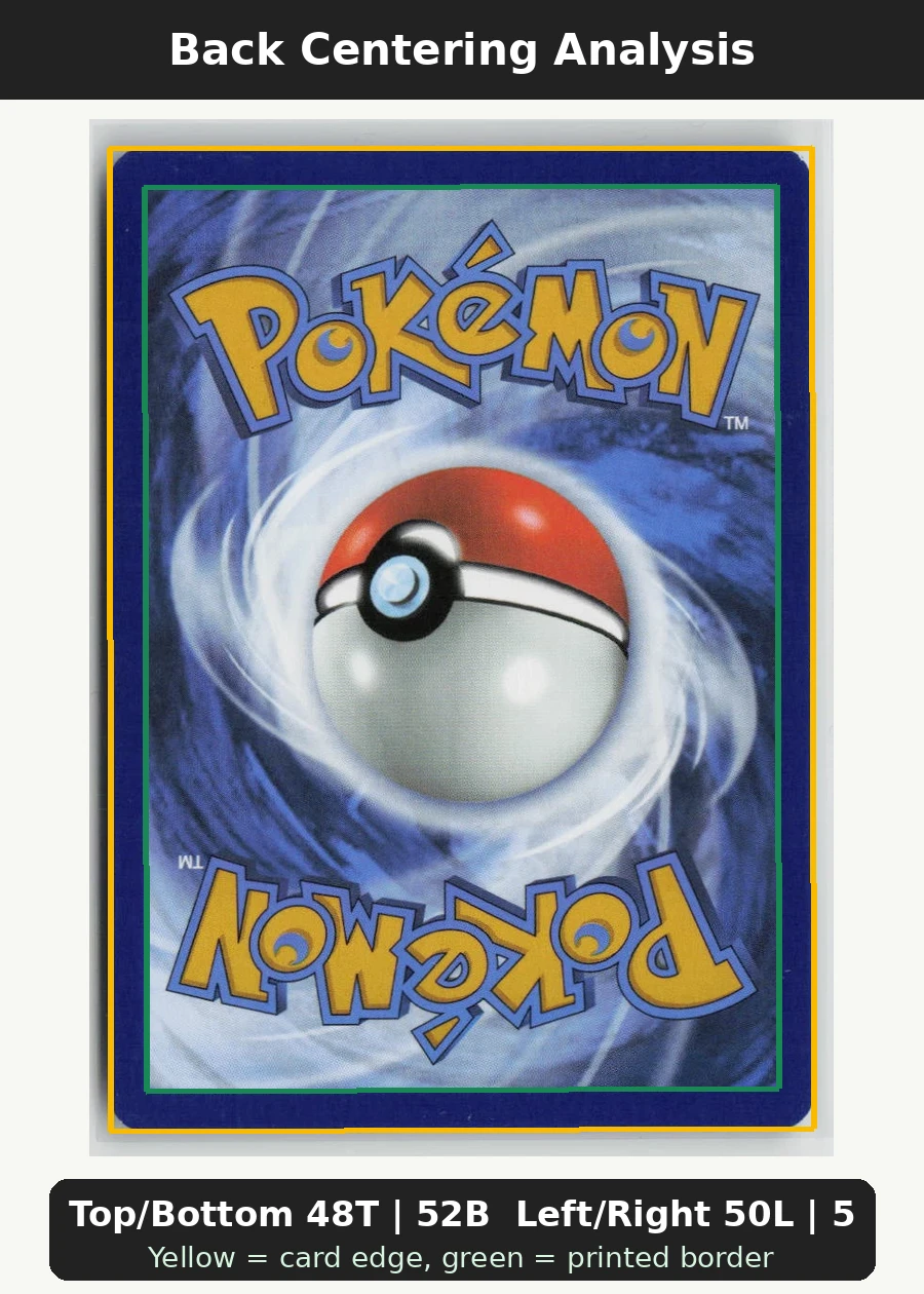 Misty's Psyduck 045/182 · Normal Destined Rivals back centering analysis showing Top/Bottom 48T | 52B and Left/Right 50L | 50R.