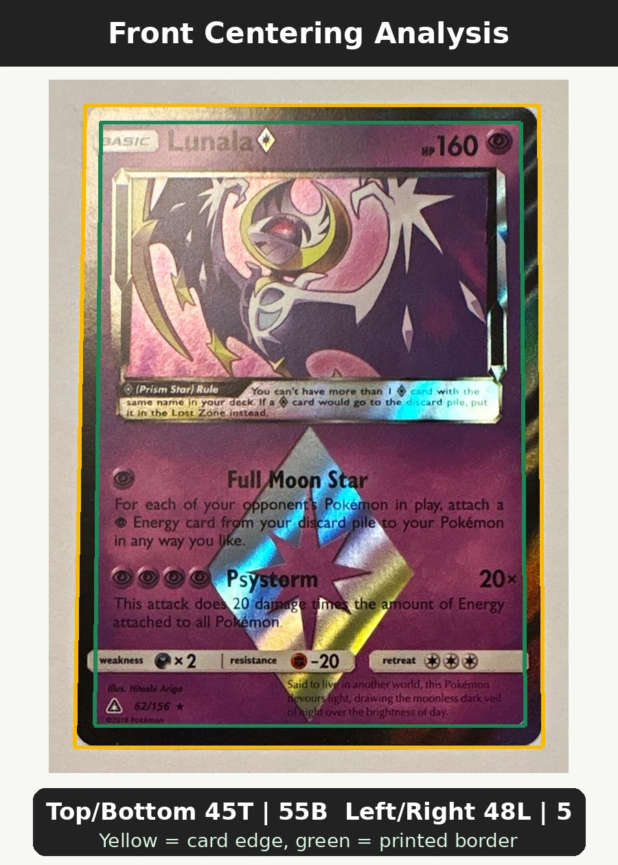Lunala ◇ 062/156 Ultra Prism front centering analysis showing Top/Bottom 45T | 55B and Left/Right 48L | 52R.
