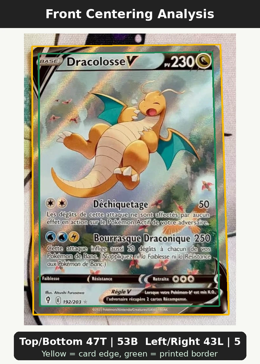 Dragonite V 192/203 Evolving Skies front centering analysis showing Top/Bottom 47T | 53B and Left/Right 43L | 57R.