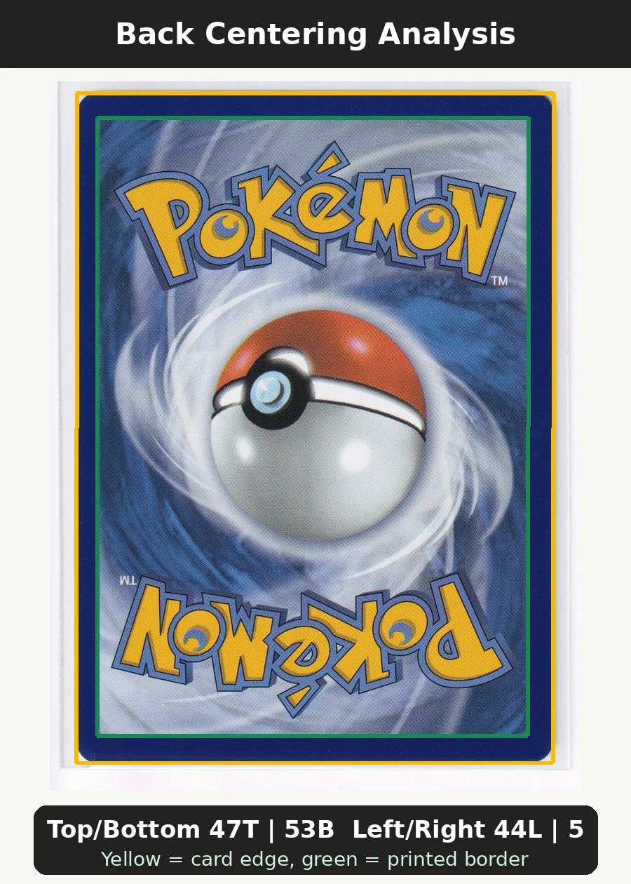 Meowth 106/94 Phantasmal Flames back centering analysis showing Top/Bottom 47T | 53B and Left/Right 44L | 56R.