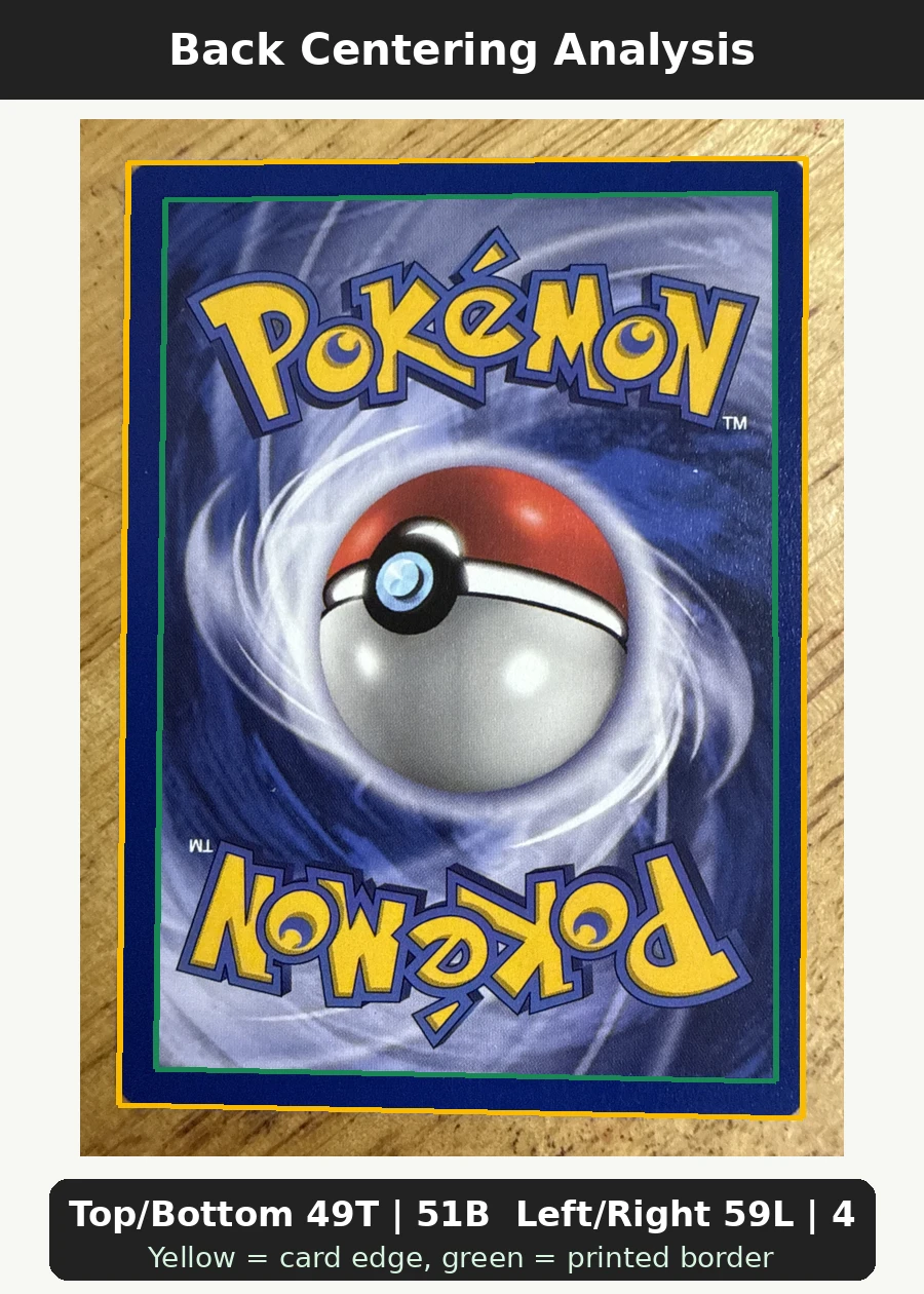 Pikachu 004/53 Wizards Black Star Promos back centering analysis showing Top/Bottom 49T | 51B and Left/Right 59L | 41R.