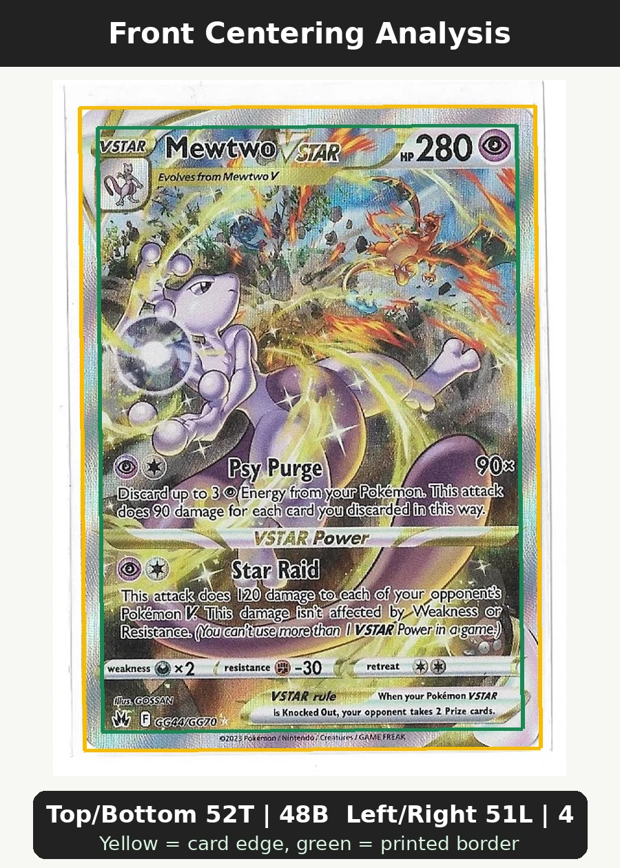 Mewtwo VSTAR GG44/159 Crown Zenith front centering analysis showing Top/Bottom 52T | 48B and Left/Right 51L | 49R.