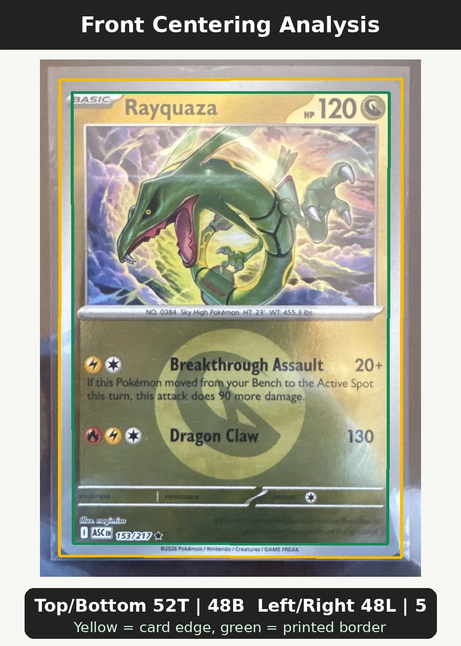 Rayquaza 153/217 Ascended Heroes front centering analysis showing Top/Bottom 52T | 48B and Left/Right 48L | 52R.