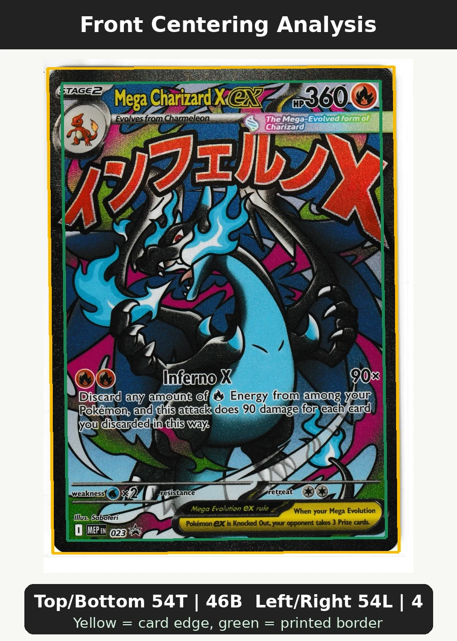 Mega Charizard X ex 023 MEP Black Star Promos front centering analysis showing Top/Bottom 54T | 46B and Left/Right 54L | 46R.