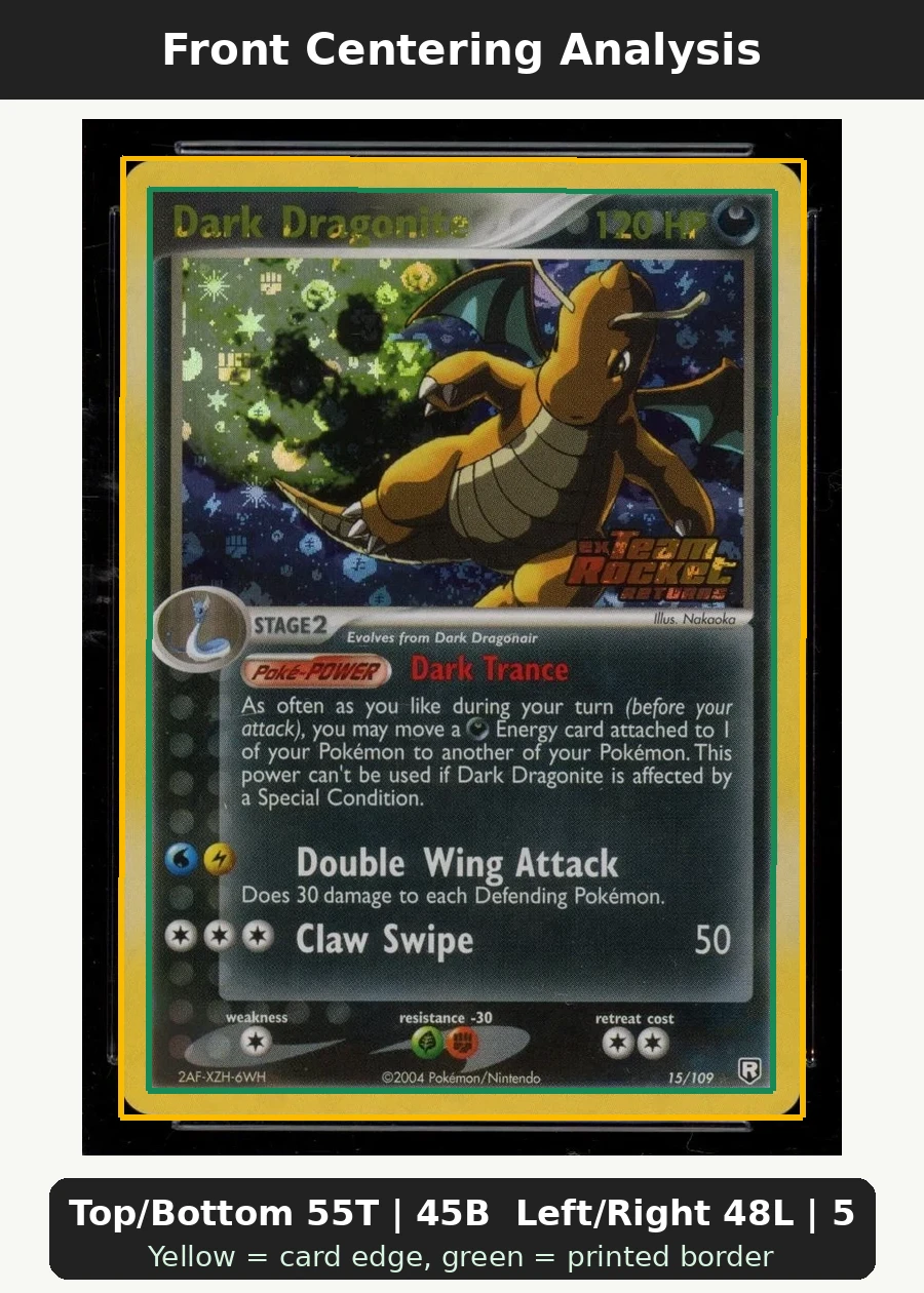 Dark Dragonite 015/109 Team Rocket Returns front centering analysis showing Top/Bottom 55T | 45B and Left/Right 48L | 52R.